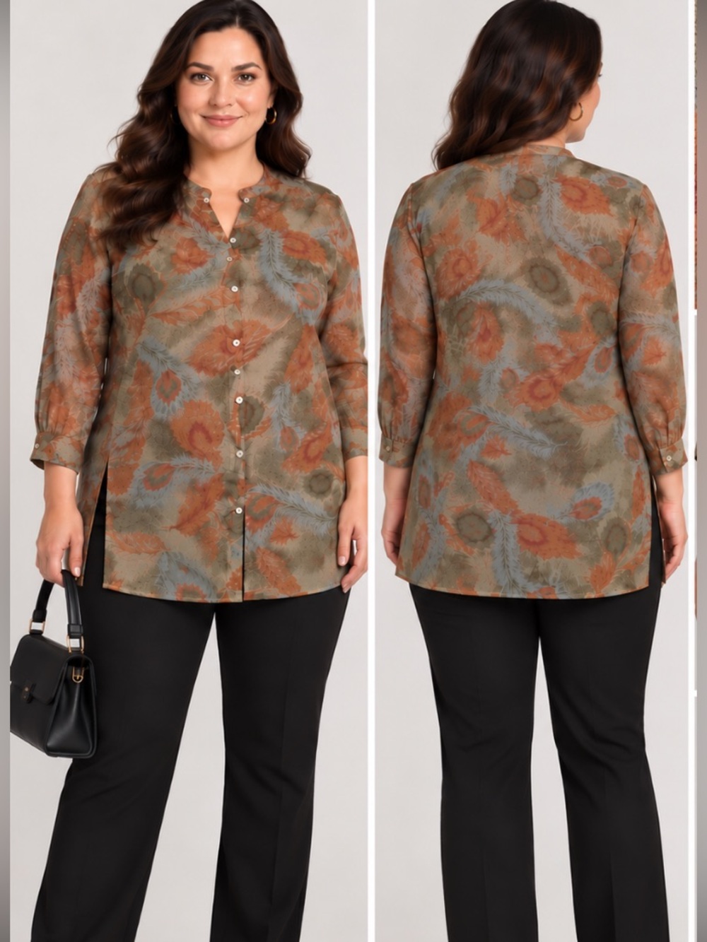 NWOT AVENUE sheer multiple colors print 3/4 sleeve button down blouse